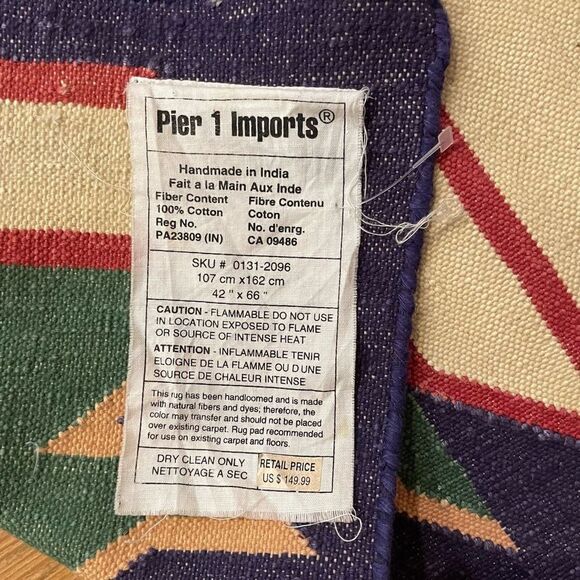 Pier 1 Imports Turkish Kilim Aztec Cotton Rare Area Rug Carpet Blue Boho Native - Picture 7 of 8